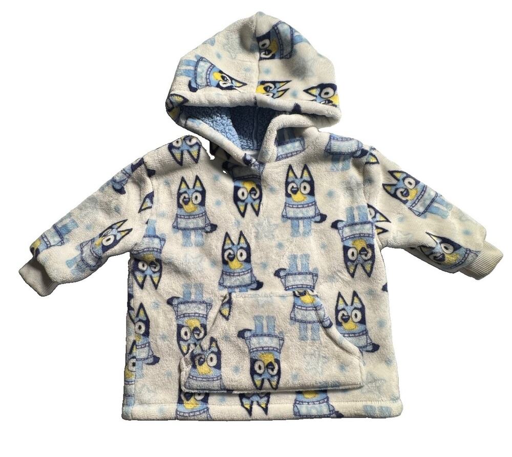 Bluey Toddler 2T Plush Fleece Hoodie Pullover Blue White Kangaroo Pocket